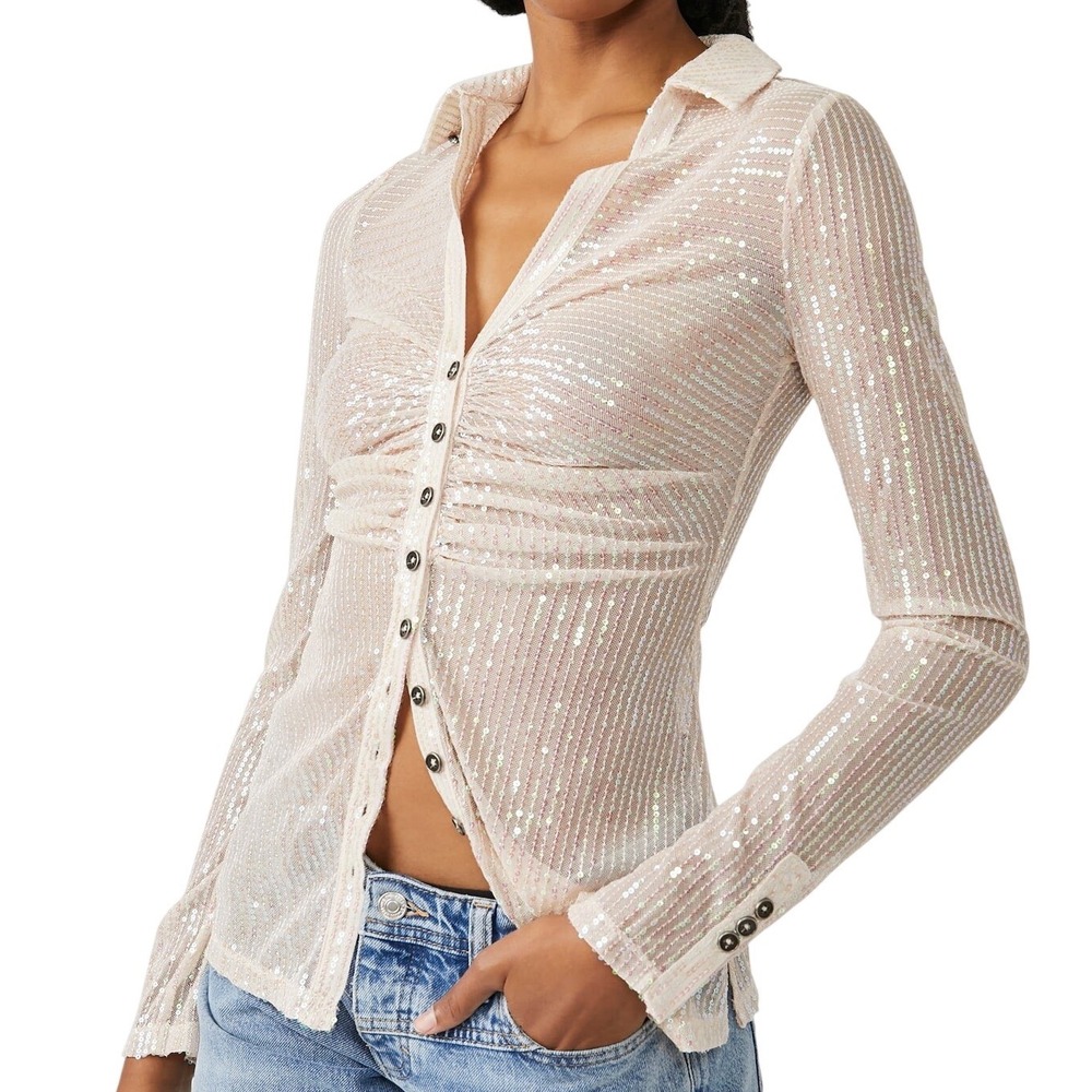 Free People Womens Sequin Shirtee Button Up Top Champagne Dreams Size XS Glam